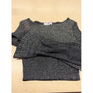 Metallic Ribbed Boatneck cropped Sweater - Black & Silver bell sleeves
